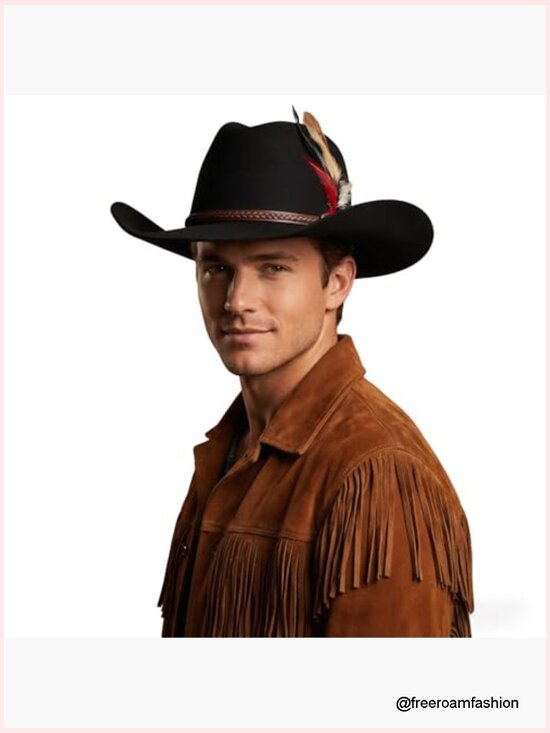 Woolen Wide Brim Cowboy Hat with Feather Fedora